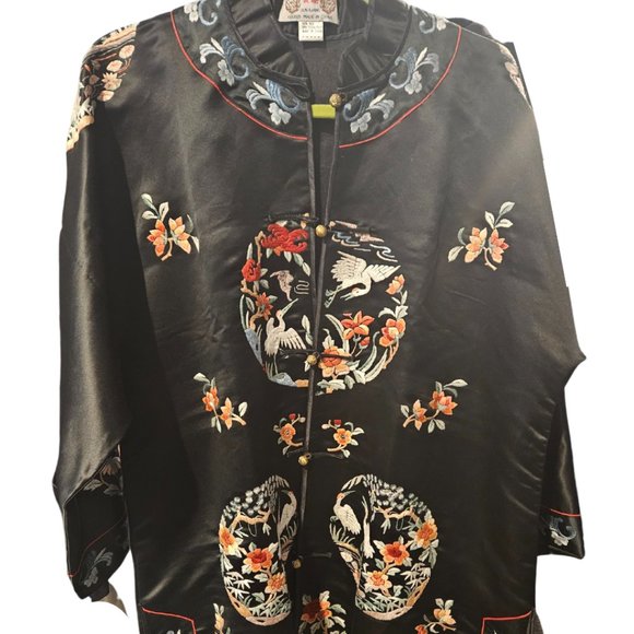 Silk Embroidered Black Floral Birds Jacket 3/4 Sleeve Side Slits DUNHUANG XL - Picture 1 of 7